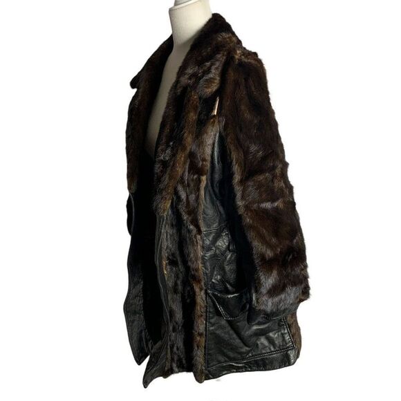 Vintage 70s Real Fur Leather Panel Coat M Black Brown For Repair - Picture 9 of 12